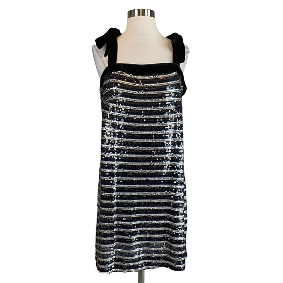 Sequined Mini Cocktail Dress Size 6 Black and Silver Striped Shift by AQUA - Picture 1 of 10